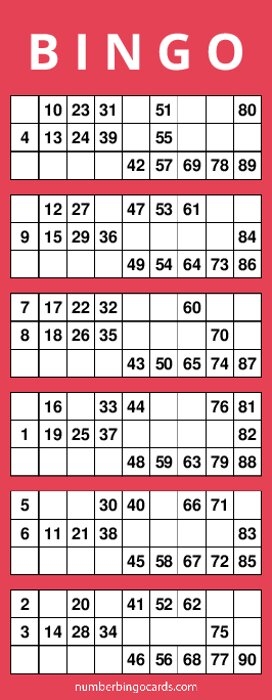 1 90 Number Bingo Cards Housie Tickets
