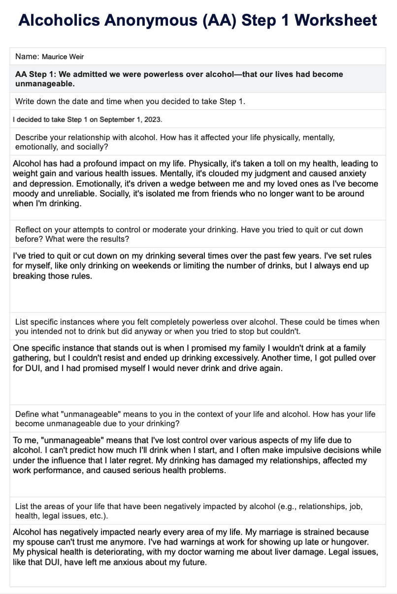 1 ST Step Worksheet PDF Alcoholics Anonymous Alcoholism 