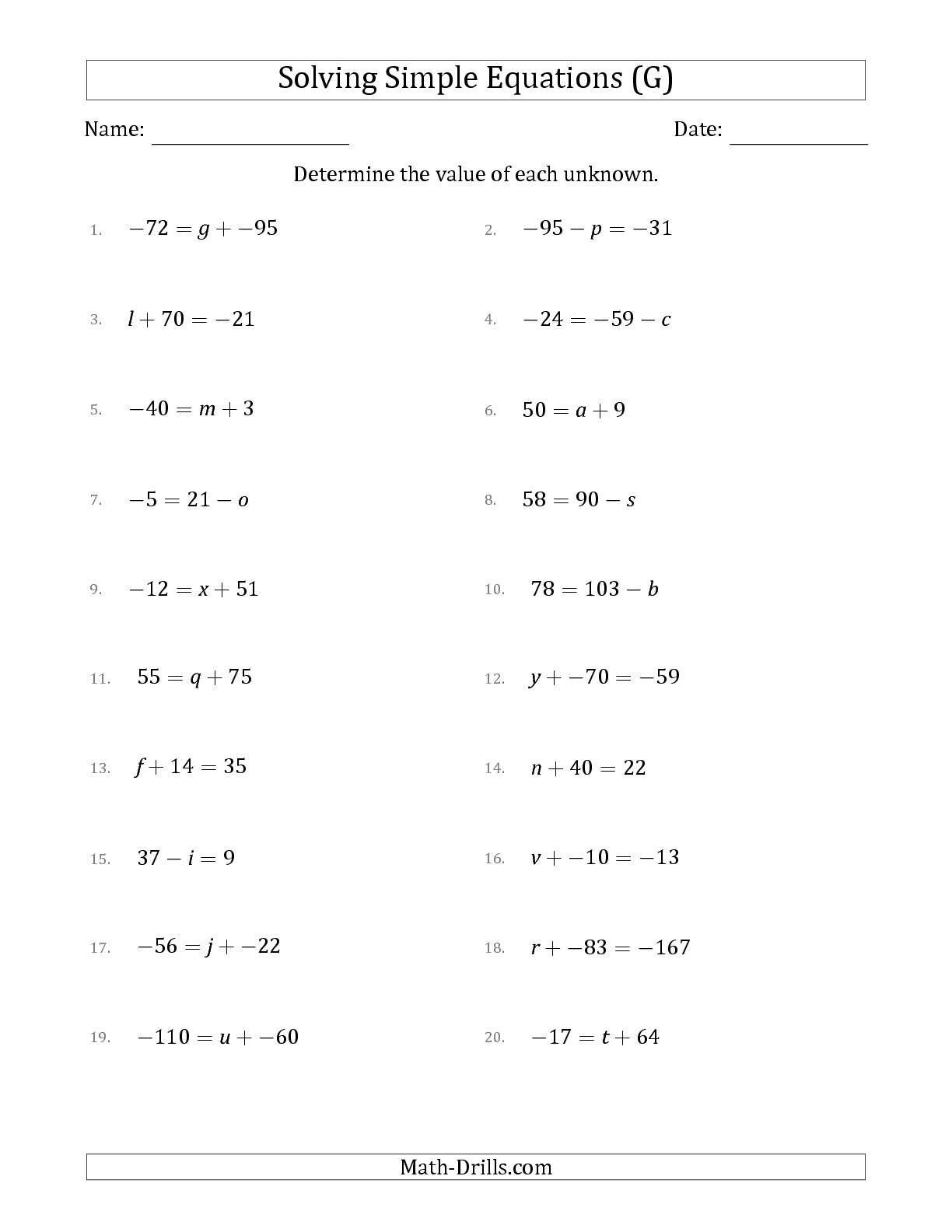 worksheets on equations with variables on both sides