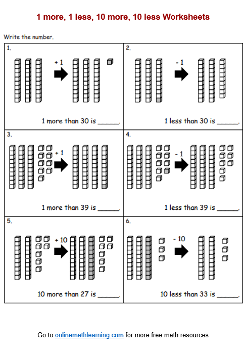 10 more or 10 less worksheets