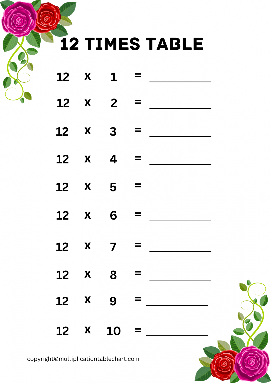 12 multiplication table worksheet