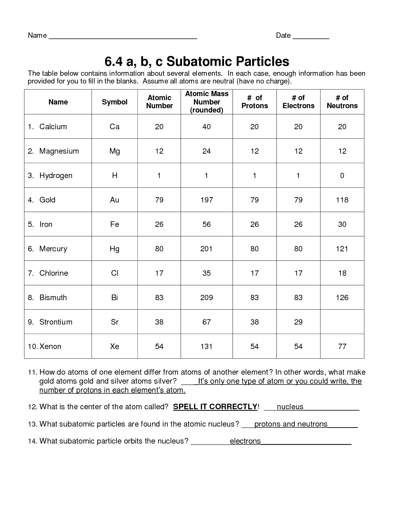 atomic structure worksheet answer sheet