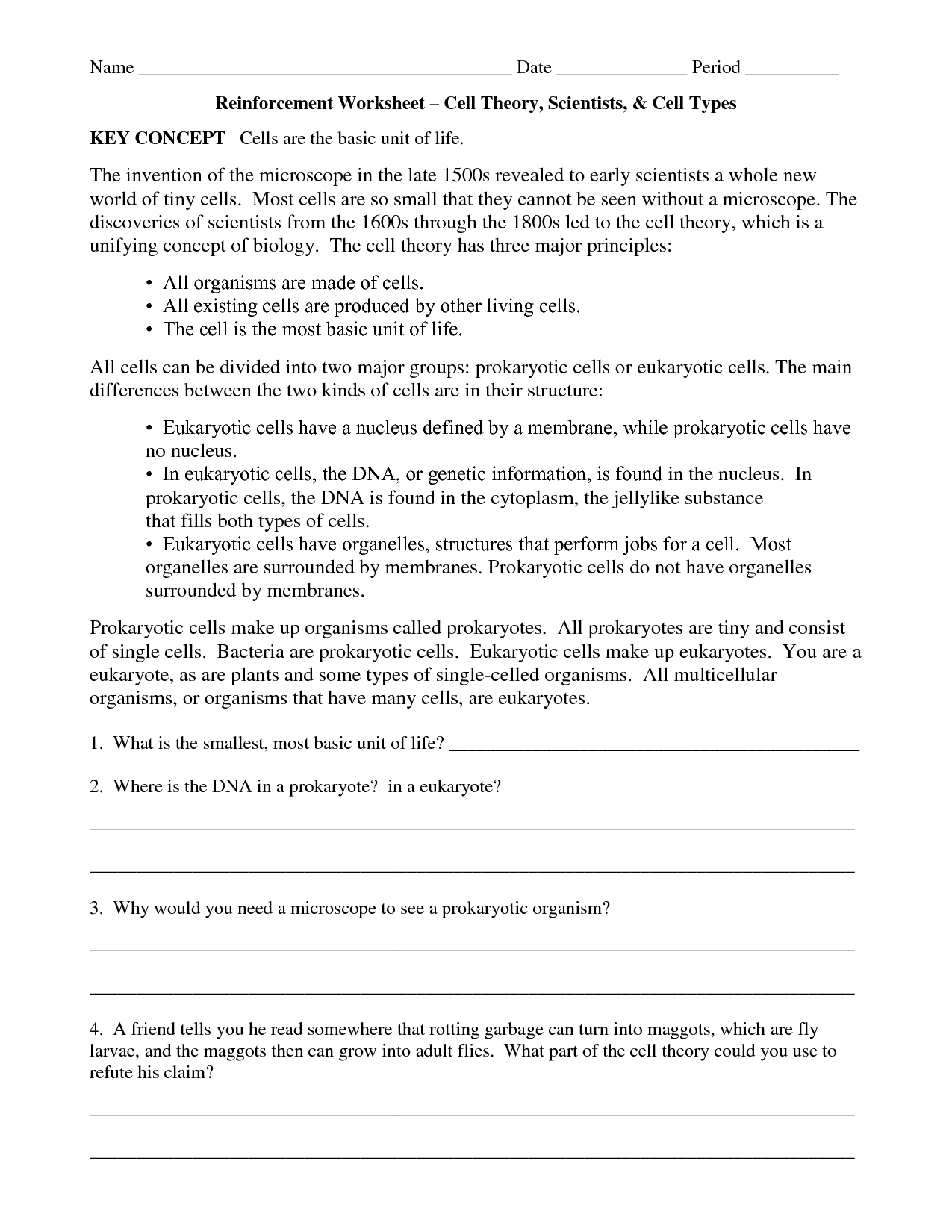 cell theory worksheet