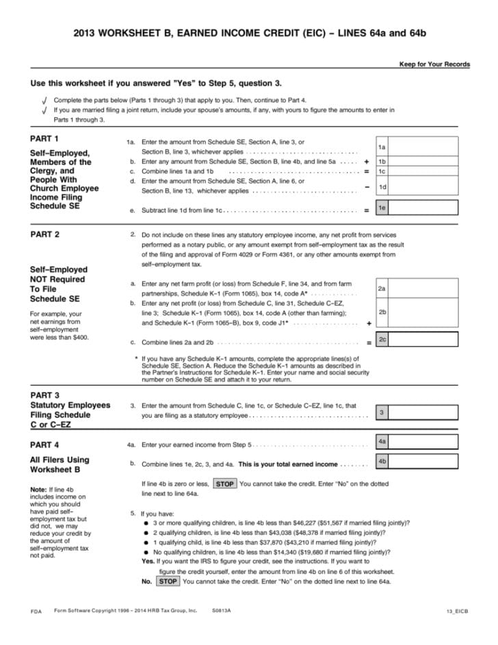 2013 Worksheet B Earned Income Credit Eic Db excel