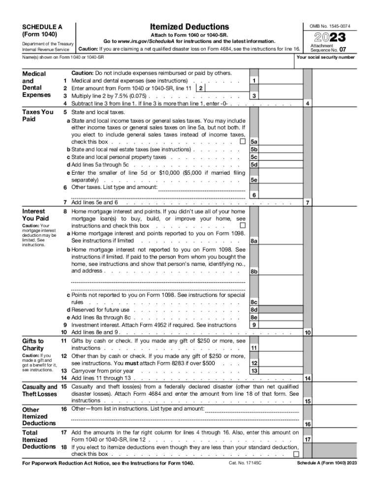 2023 Form IRS 1040 Schedule A Fill Online Printable Fillable
