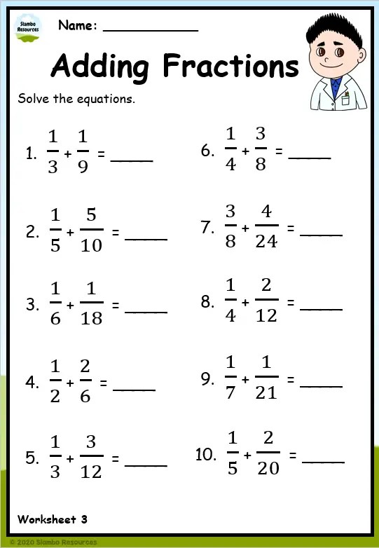 adding of fractions worksheets