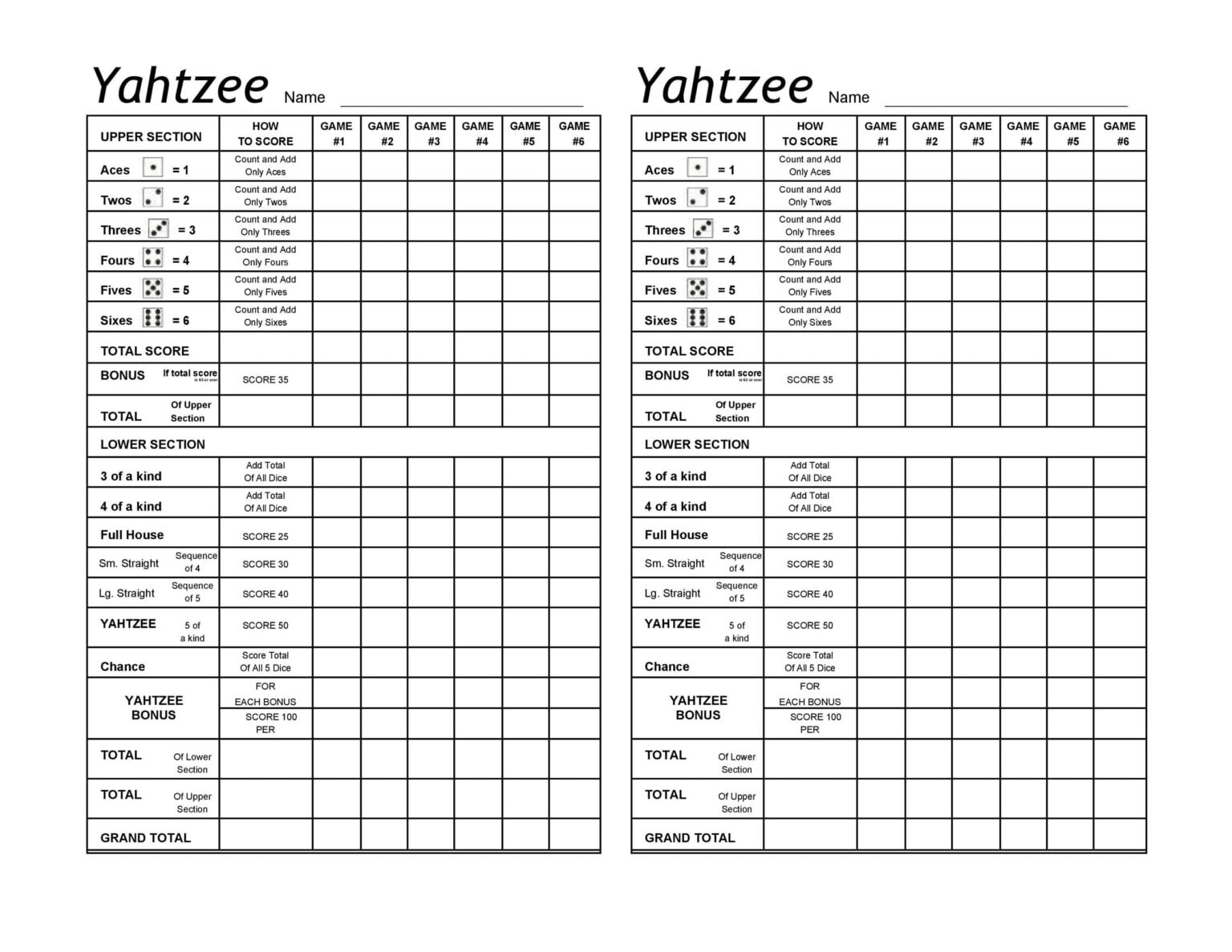 yahtzee game board printable