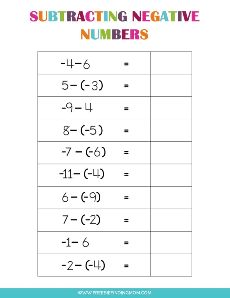adding and subtracting with negative numbers worksheet