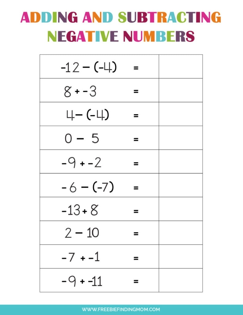 3 Free Printable Adding And Subtracting Negative Numbers