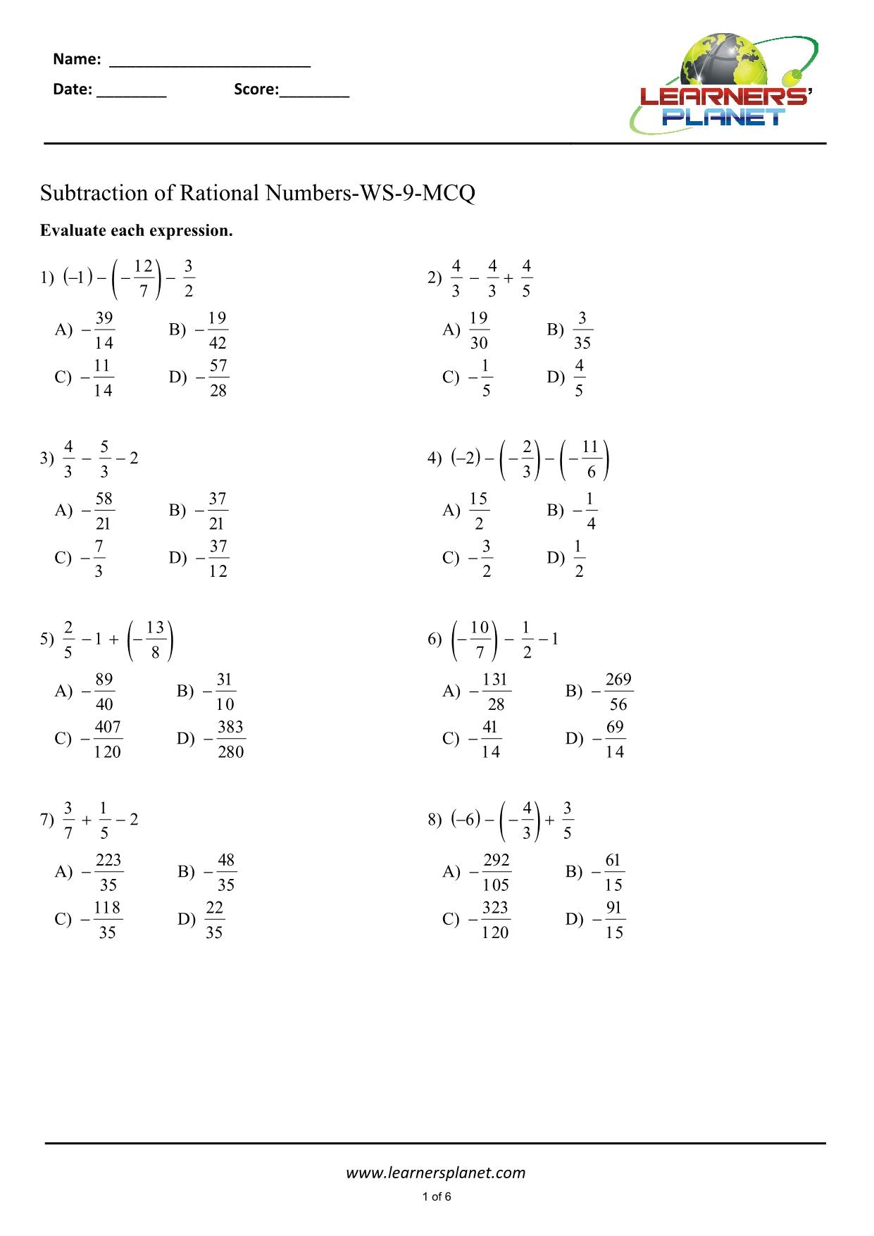 adding subtracting rational numbers worksheet