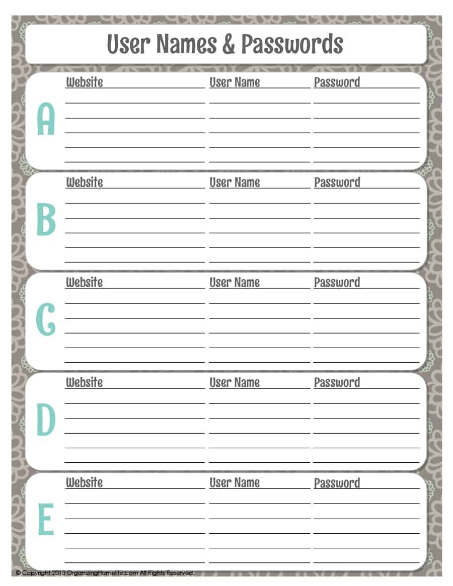 free printable password sheet pdf