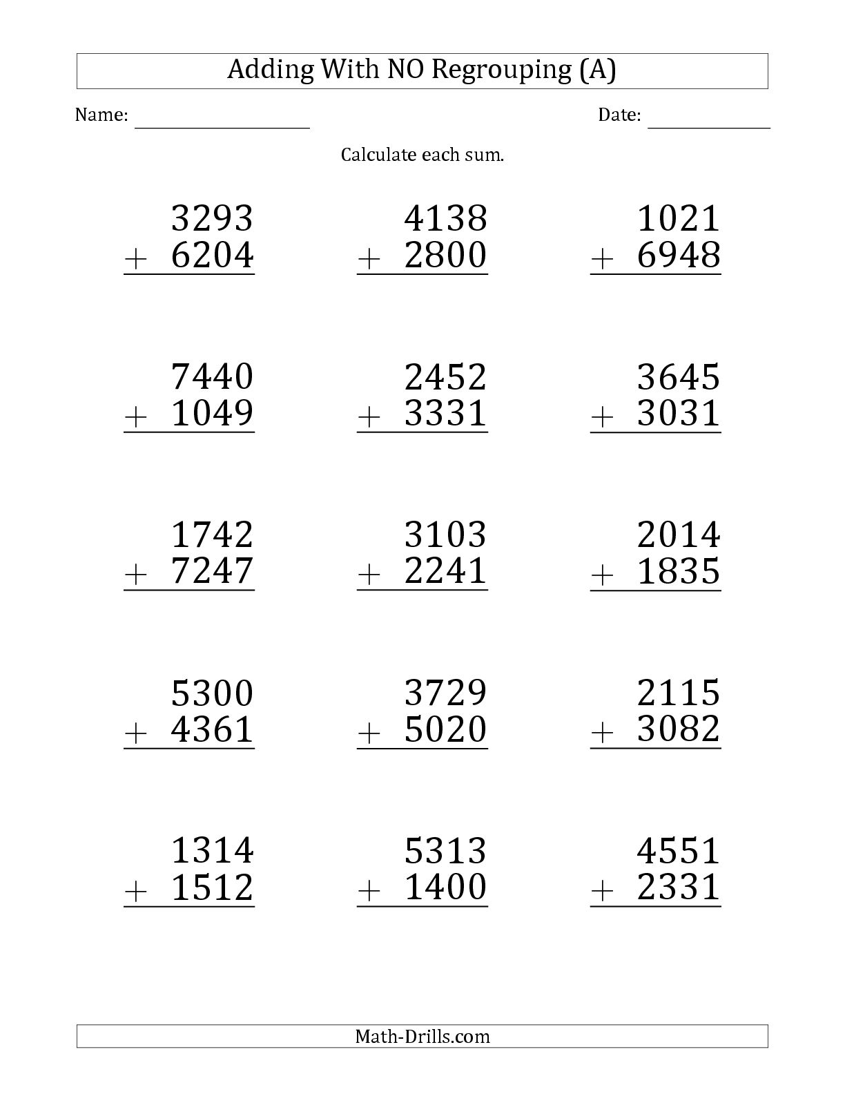 4 Digit Addition Without Regrouping Worksheets