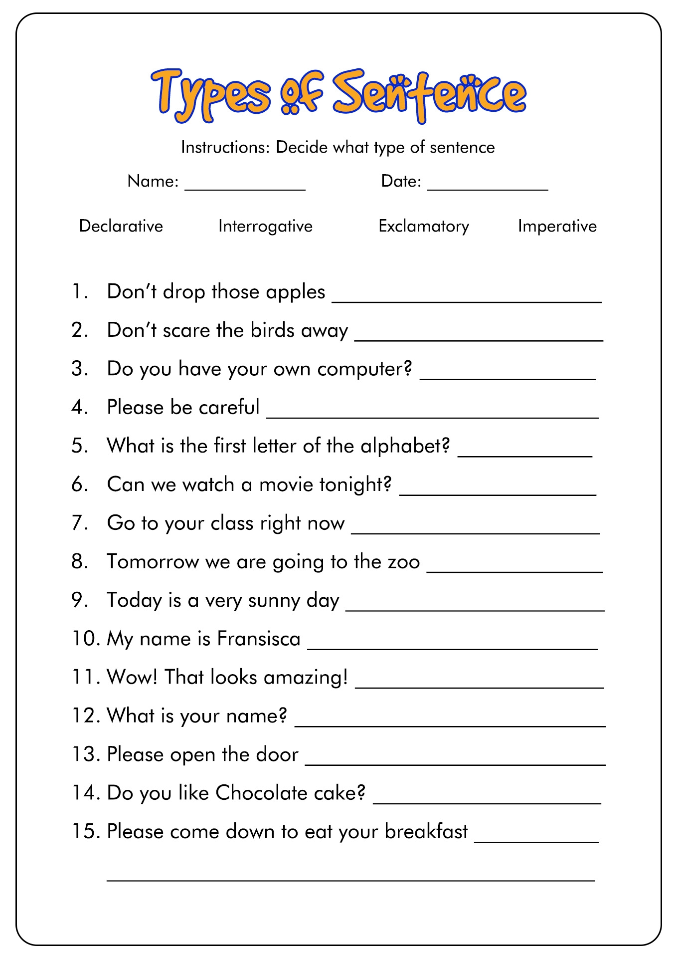 4 Types Of Sentences Worksheet Printable Calendars AT A GLANCE