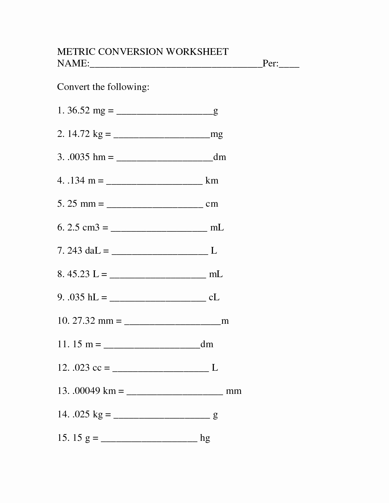 converting metrics worksheet