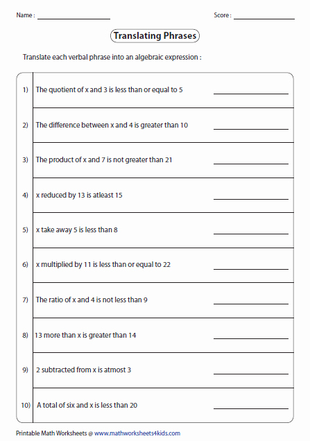 translating algebraic expressions worksheet