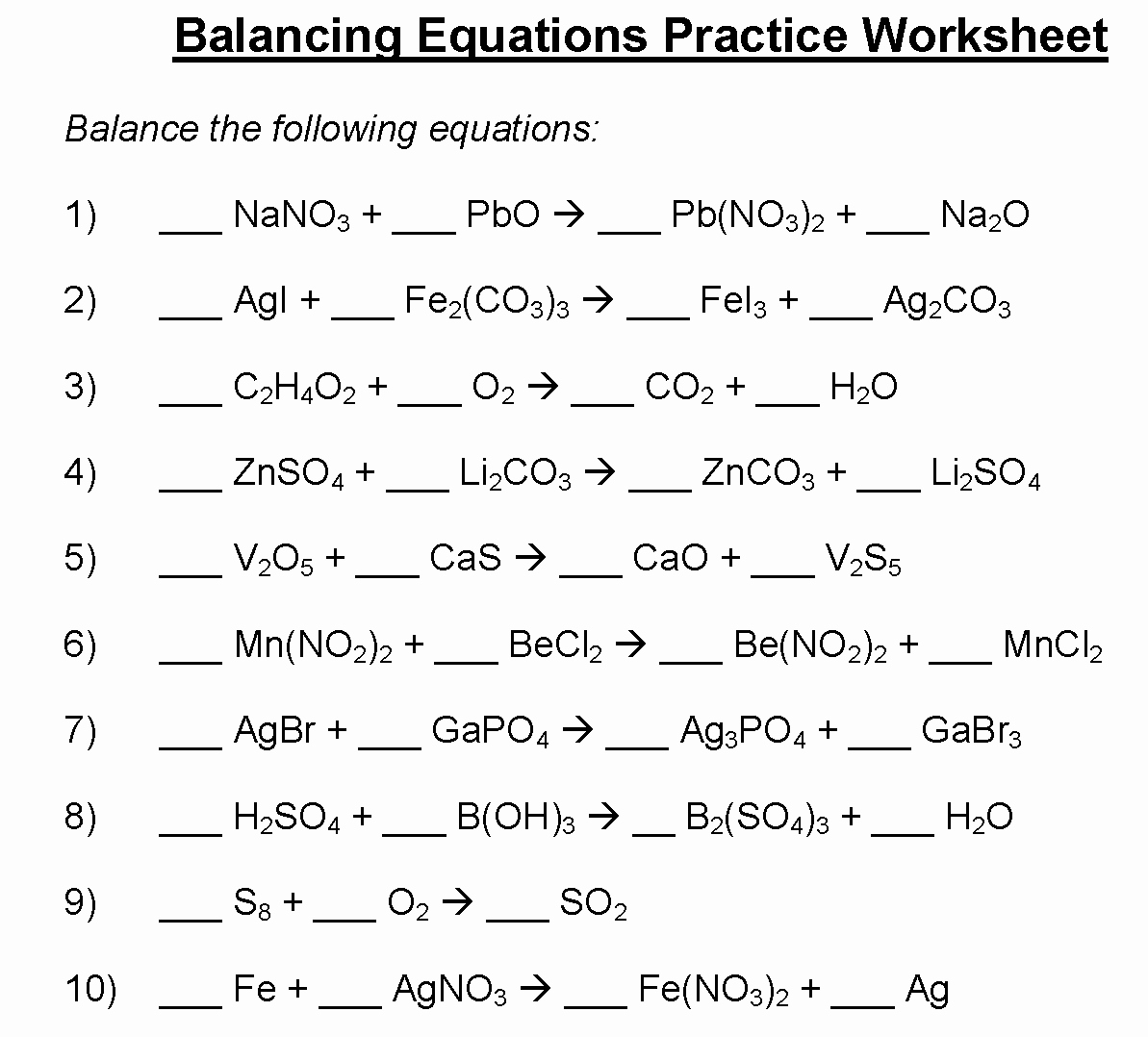 balancing equations worksheet answers about chemistry