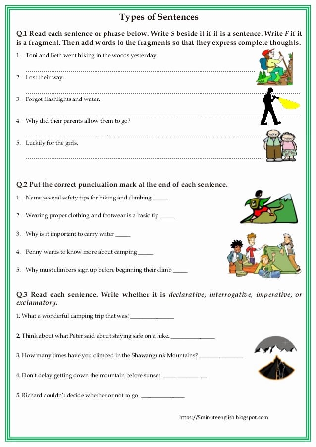 4 types of sentences worksheet