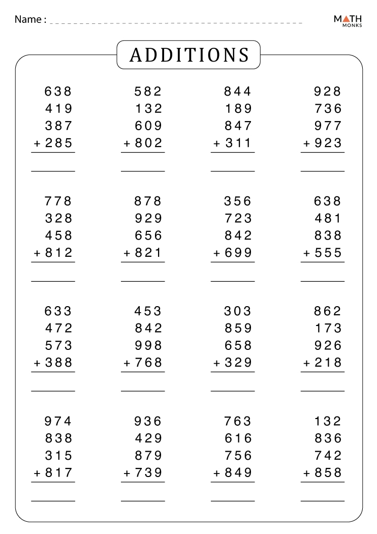 addition worksheets for 4th grade