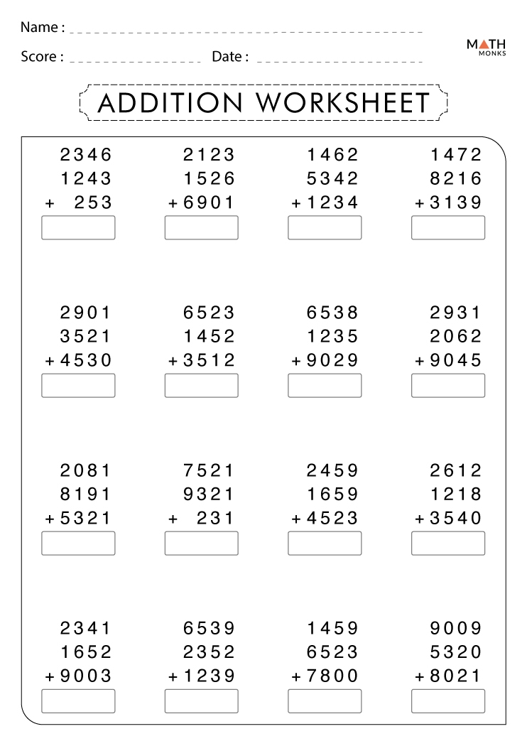4th Grade Addition Worksheets With Answer Key