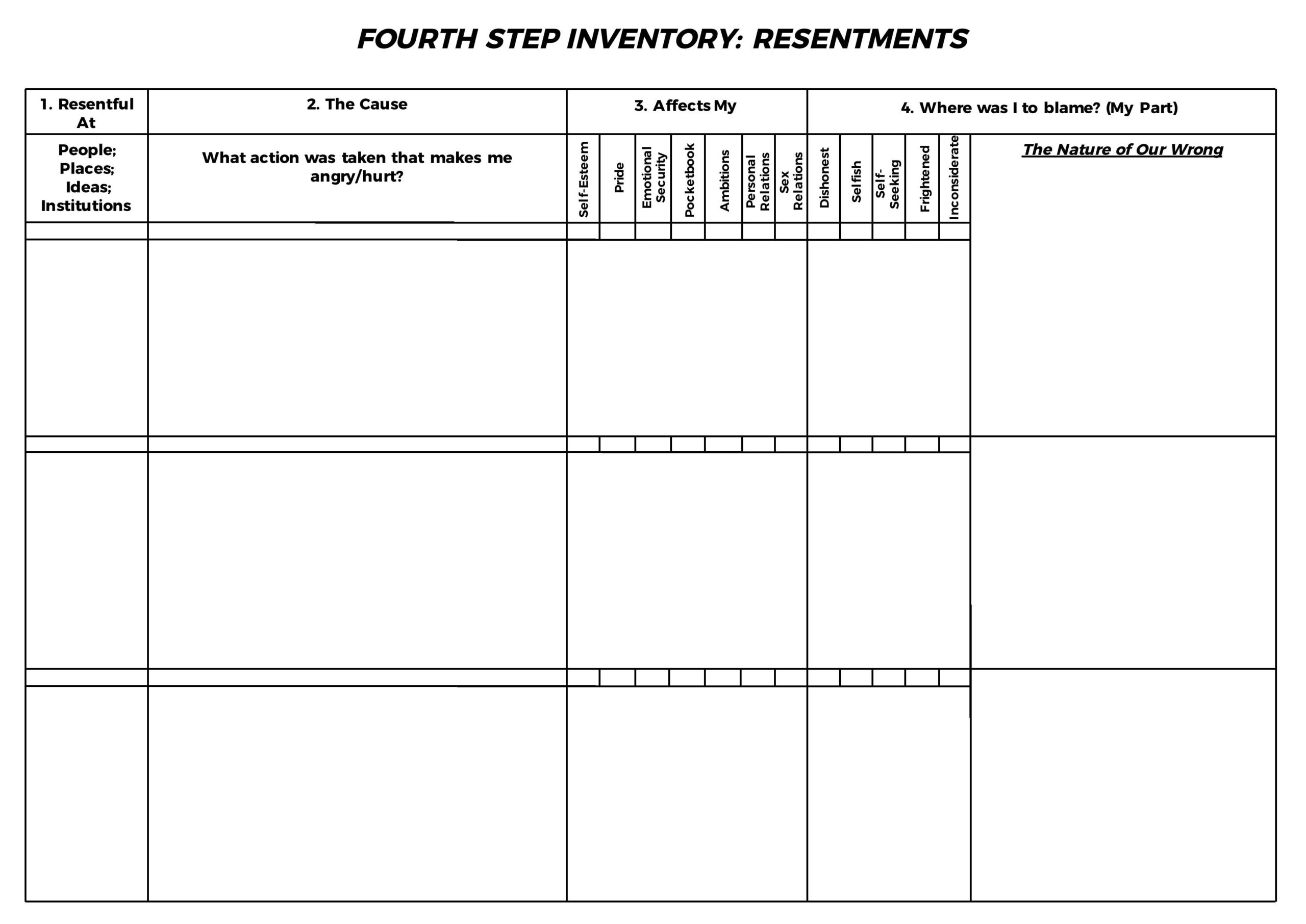 4th step inventory worksheets