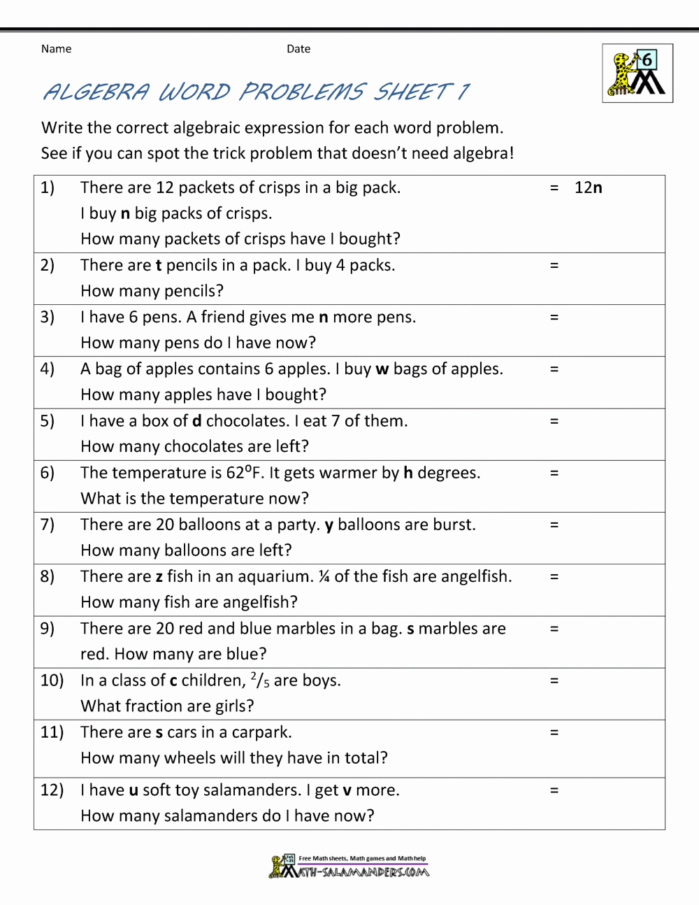 50 Algebraic Expressions Worksheet Pdf