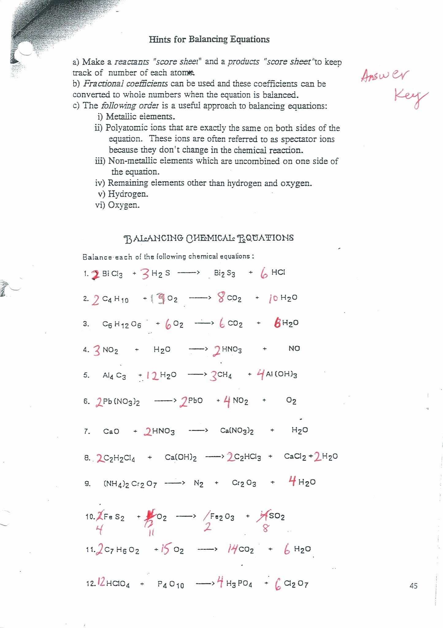 50 Balancing Equations Worksheet Answer Key