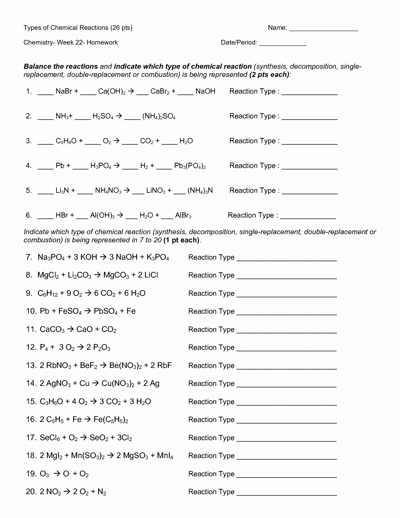 50 Chemical Reaction Type Worksheet Chessmuseum Template Library