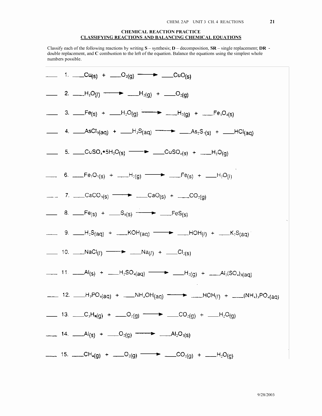 chemical reaction worksheet