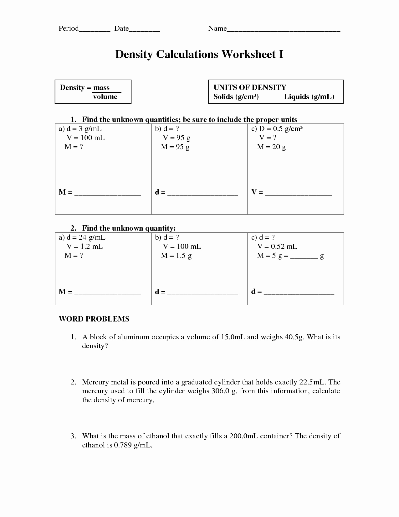 50 Density Worksheet Chemistry Answers