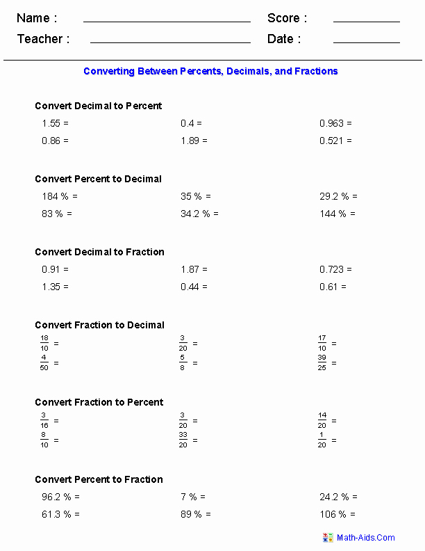 decimal to percent worksheet
