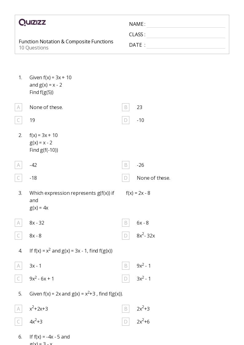 worksheet on composite functions