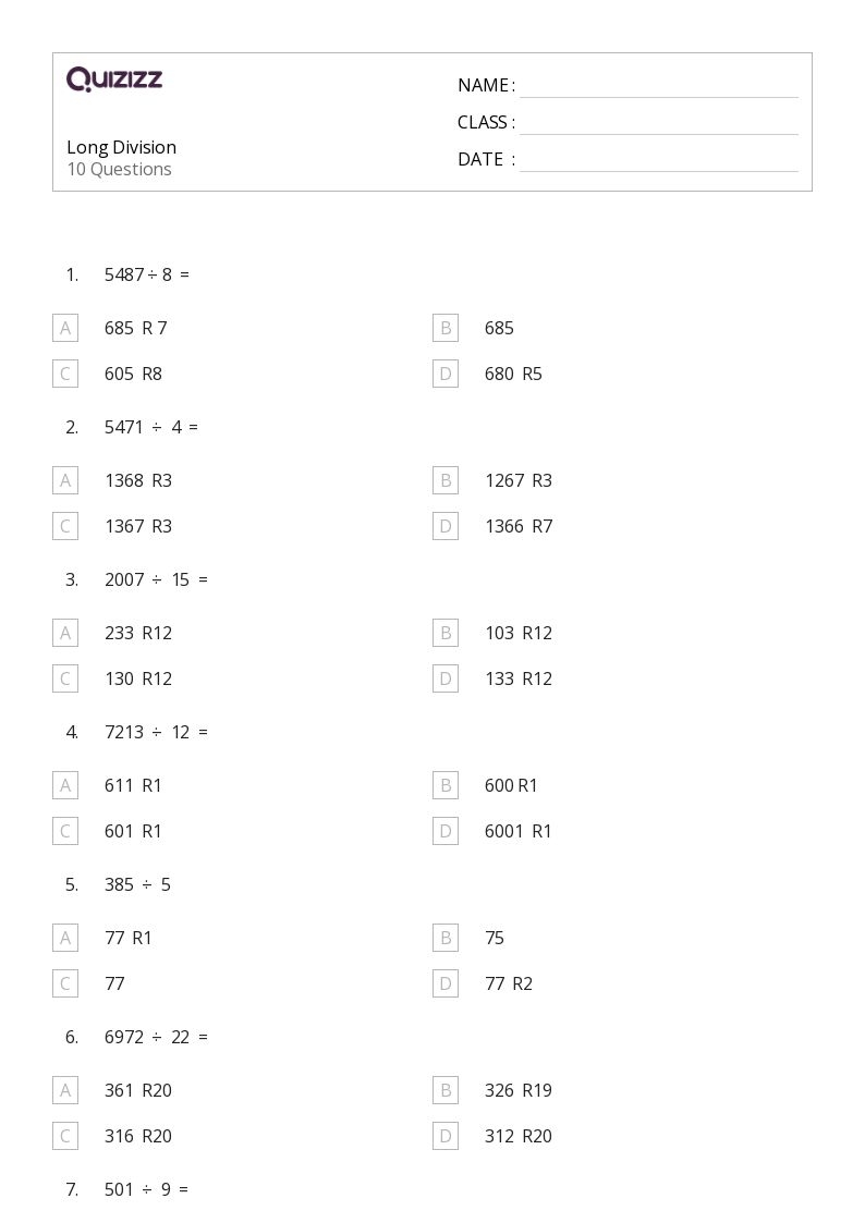 50 Long Division Worksheets For 5th Year On Quizizz Free 