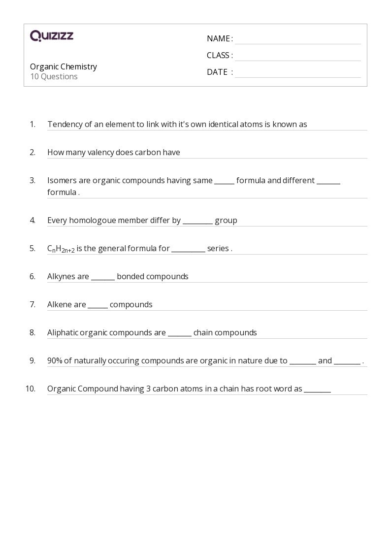 worksheets for organic chemistry