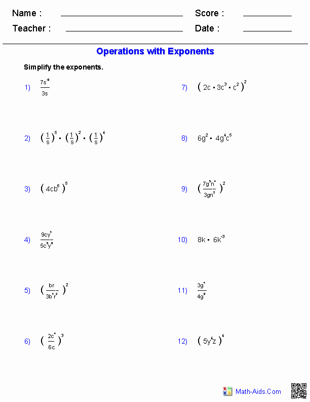 exponents pdf worksheet