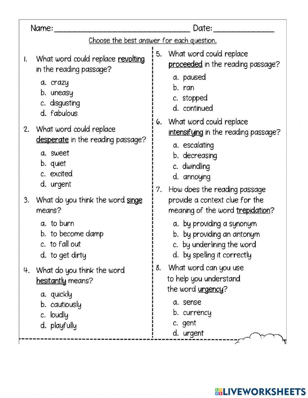 5th Grade Context Clues Practice Online Exercise For Live Worksheets 