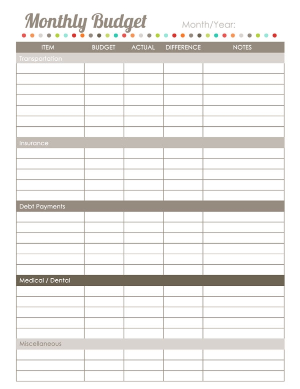 blank monthly budget worksheet printable