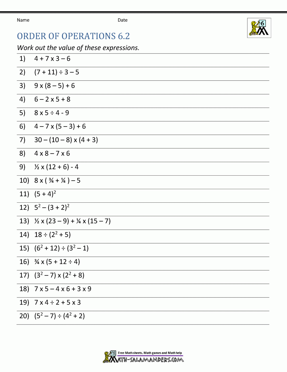 6th grade order of operations worksheet