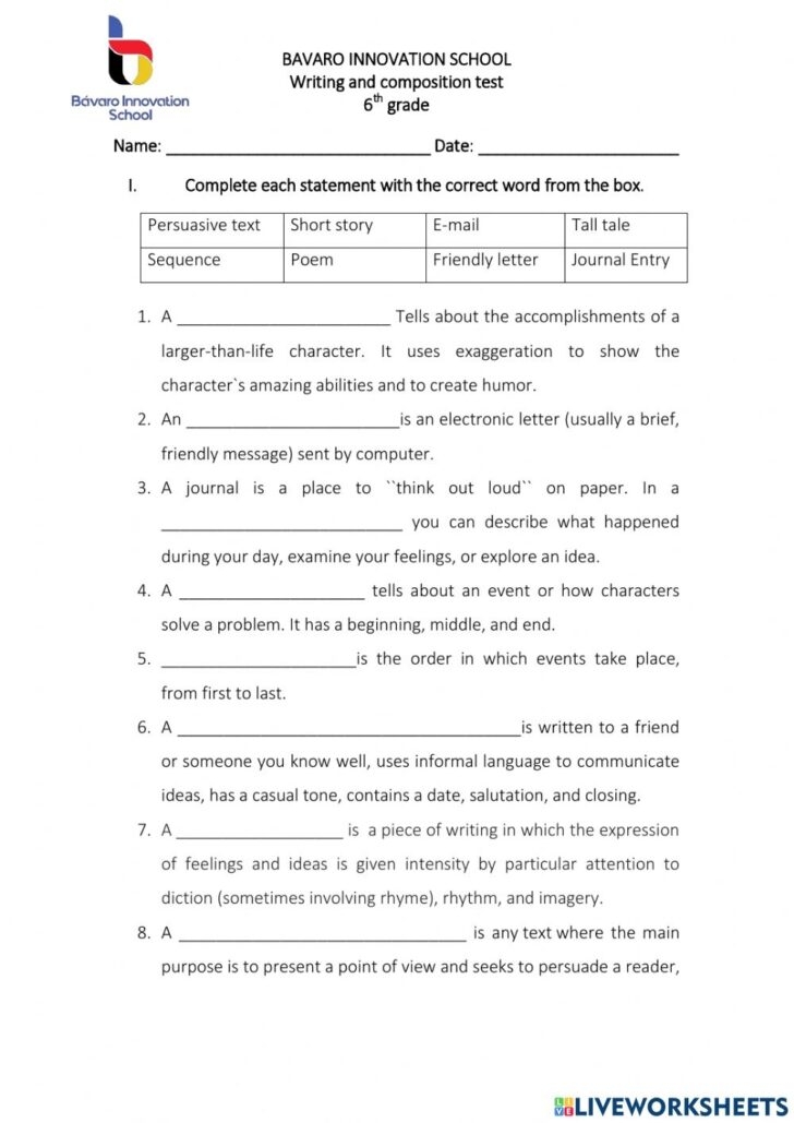 6th grade writing worksheets