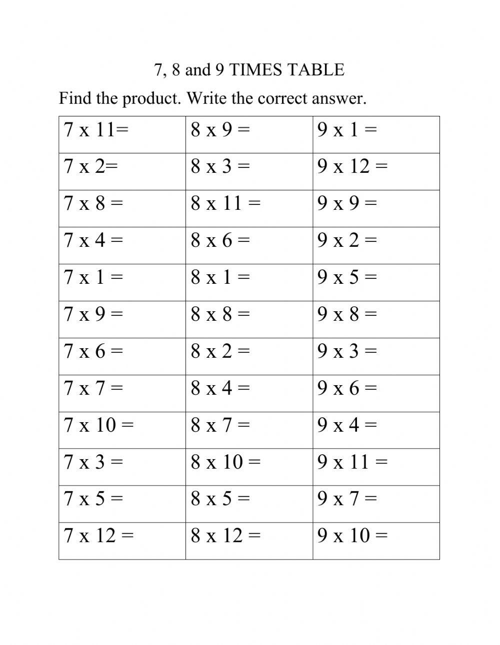 7 8 And 9 Times Table Worksheet Live Worksheets Worksheets Library