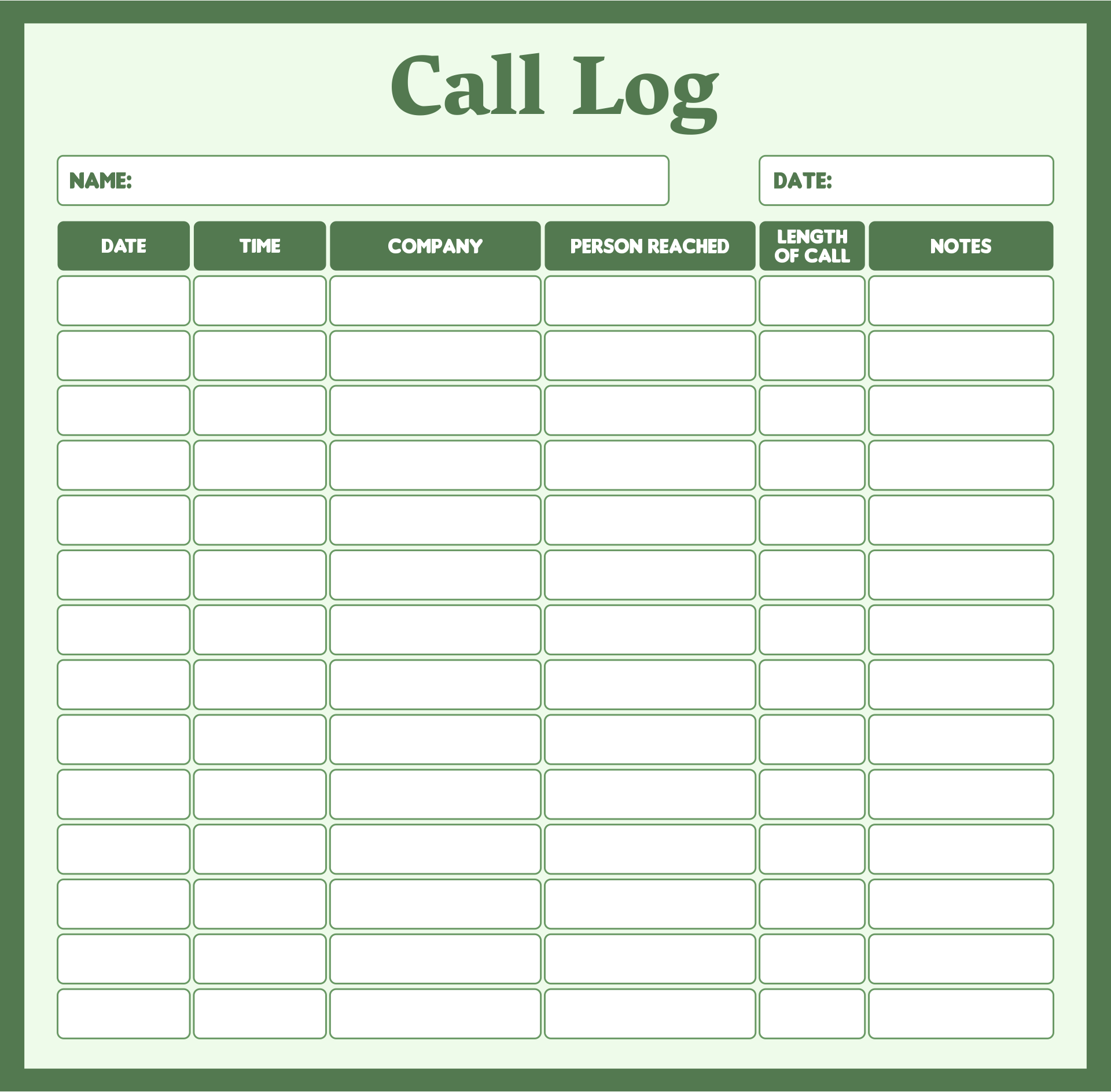 free printable printable call log template