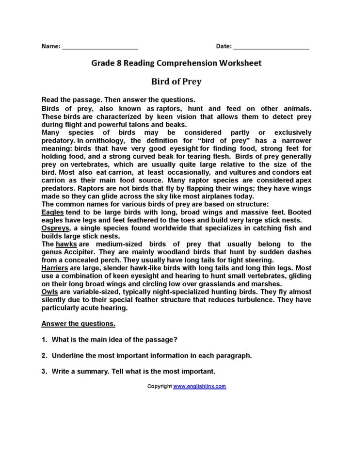8th Grade Reading Comprehension Passages With Questions Reading 