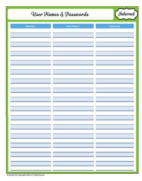 free printable username password template