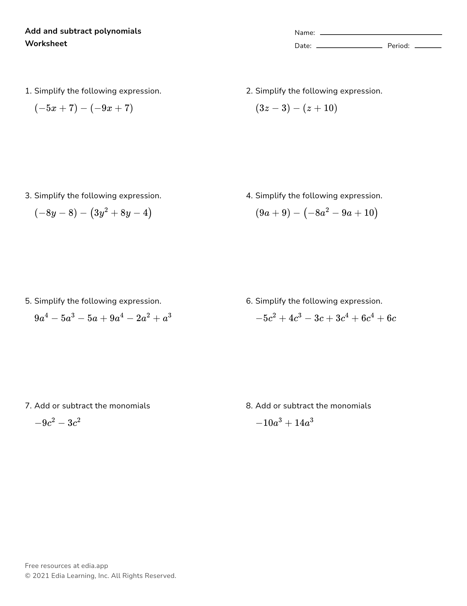 Add And Subtract Polynomials integer Coefficients Worksheet