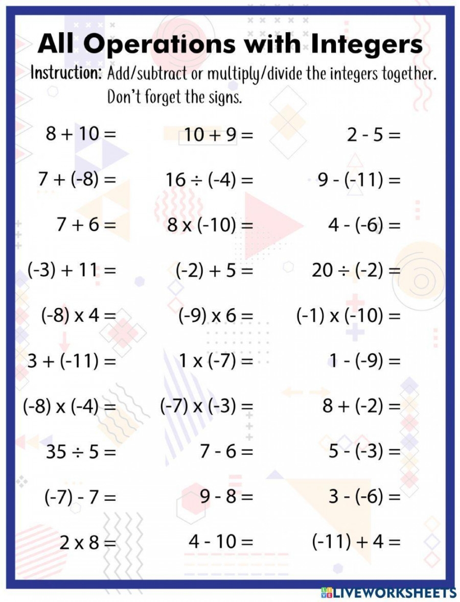 Add Subtract Integers Worksheet Printable PDF Template