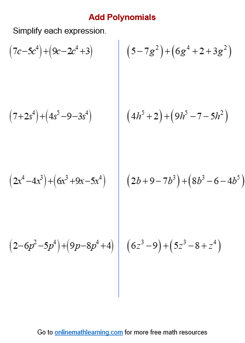 addition and subtraction polynomials worksheet