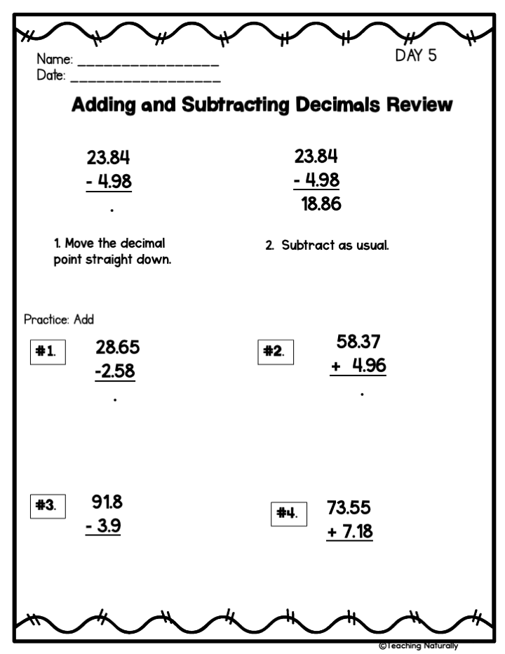 subtracting with decimals worksheet