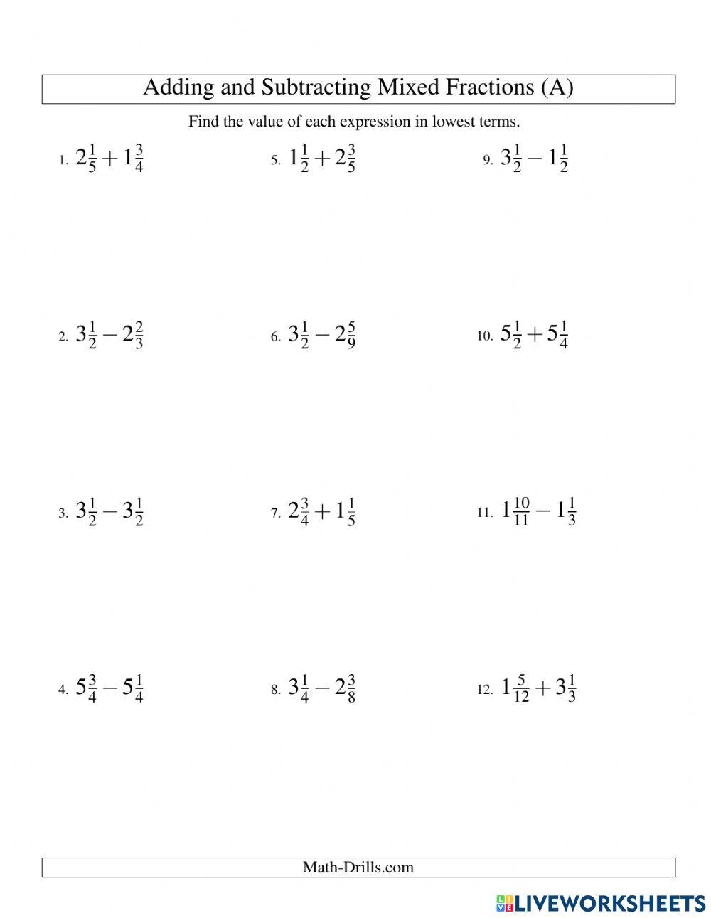 adding and subtracting mixed numbers worksheets