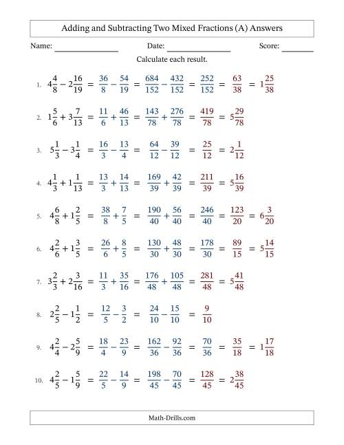 Adding And Subtracting Two Mixed Fractions With Unlike Worksheets