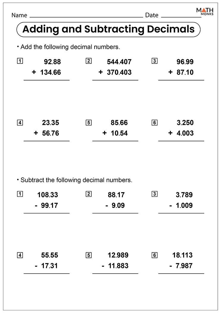 adding with decimals worksheets