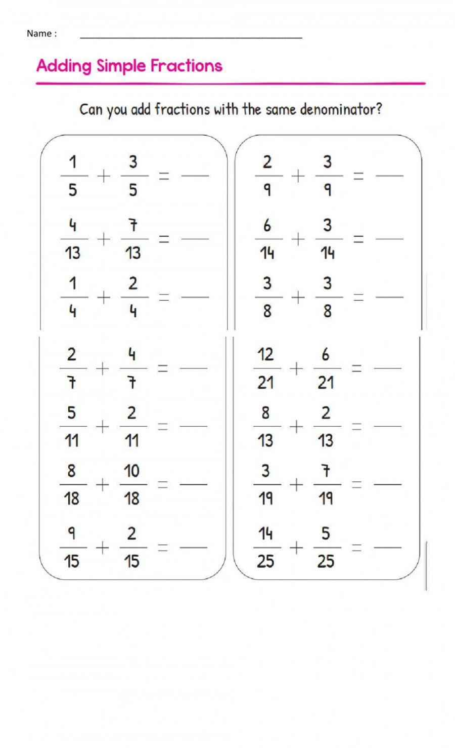 Adding Fractions With Like Denominators Worksheet